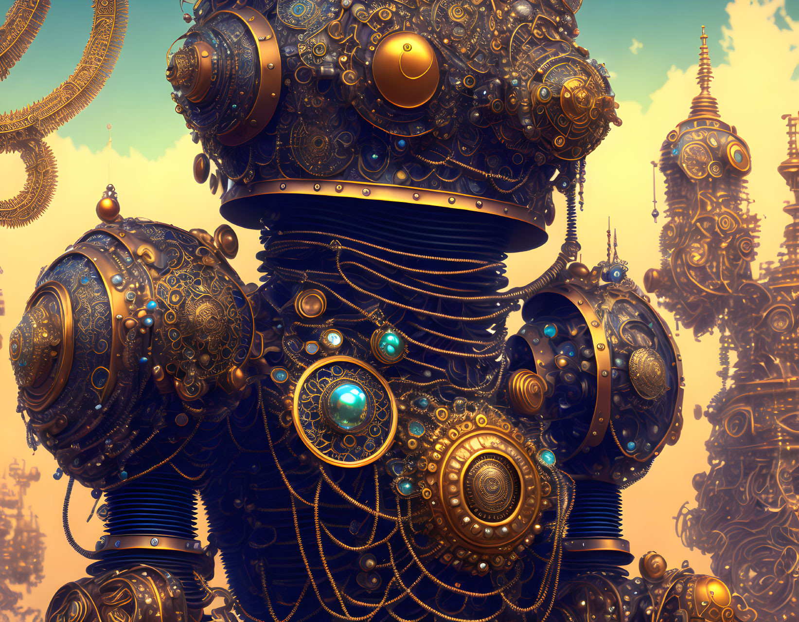 Detailed Steampunk Robot with Brass Gears and Blue Gem Adornments