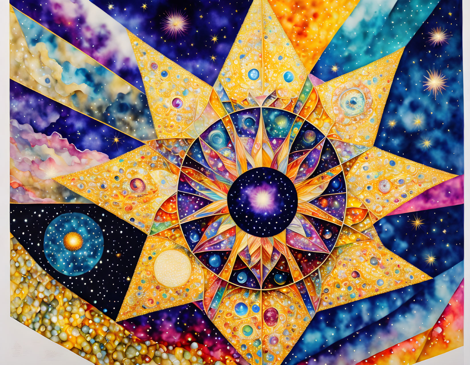 Colorful Celestial Mandala with Stars and Planets