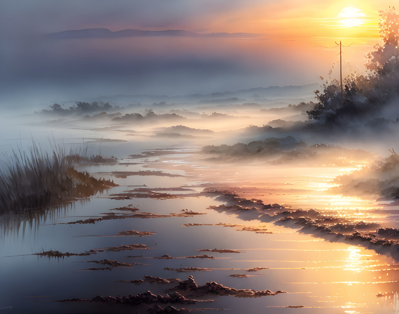 Misty sunrise landscape with reflective waterway and warm light