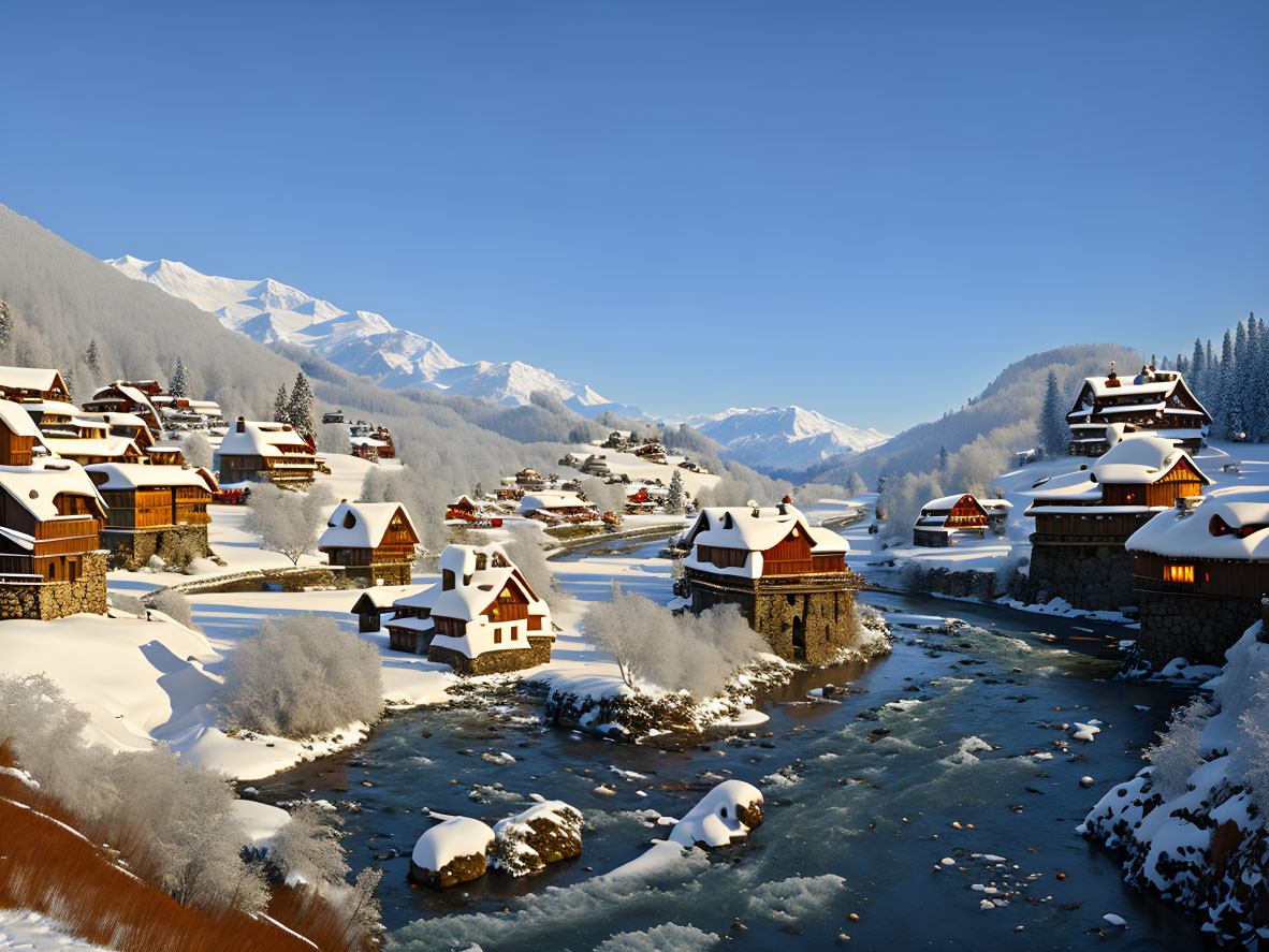 Snow-covered winter village with frozen river and forested hills