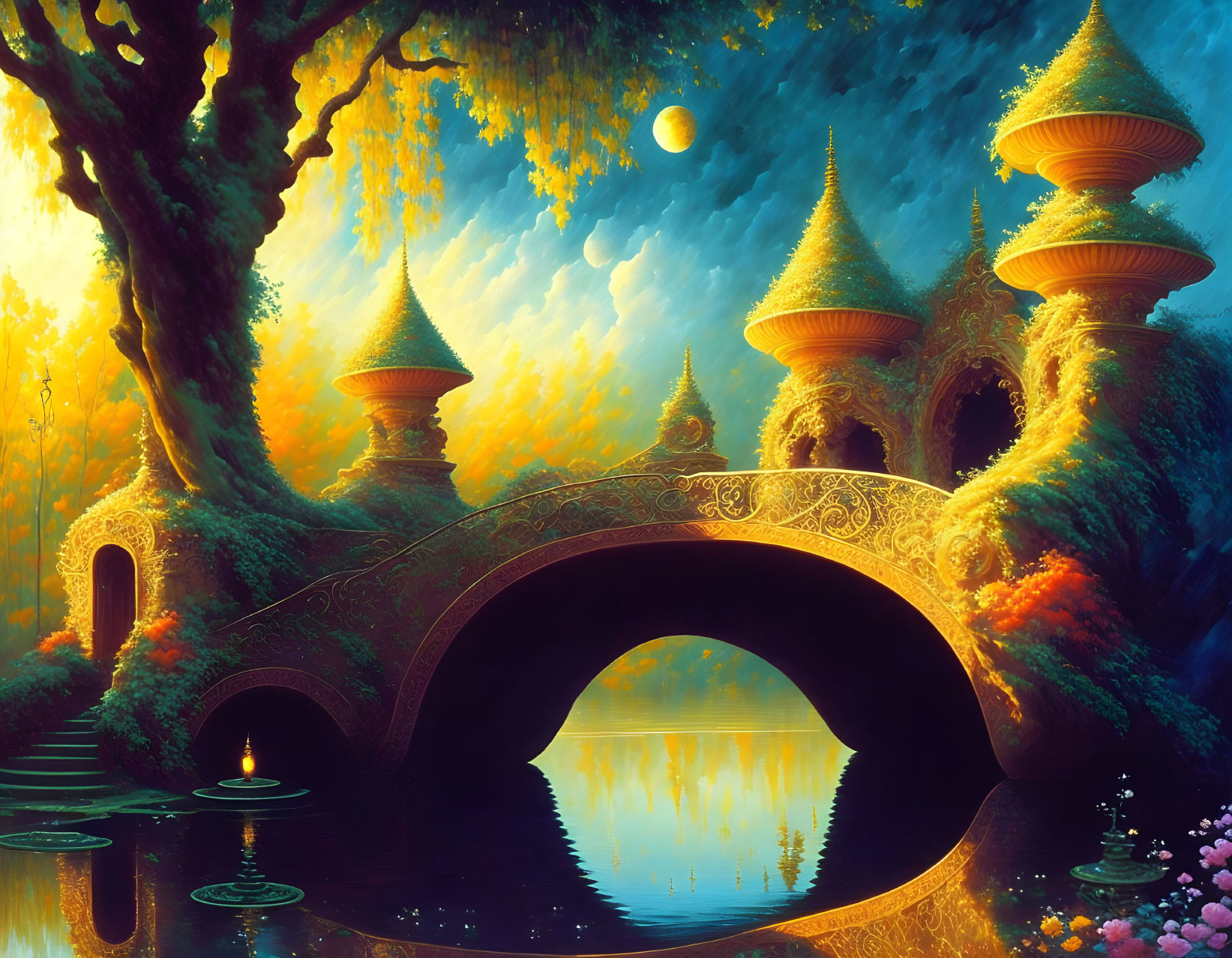 Fantastical landscape with glowing ornate bridge over tranquil waters