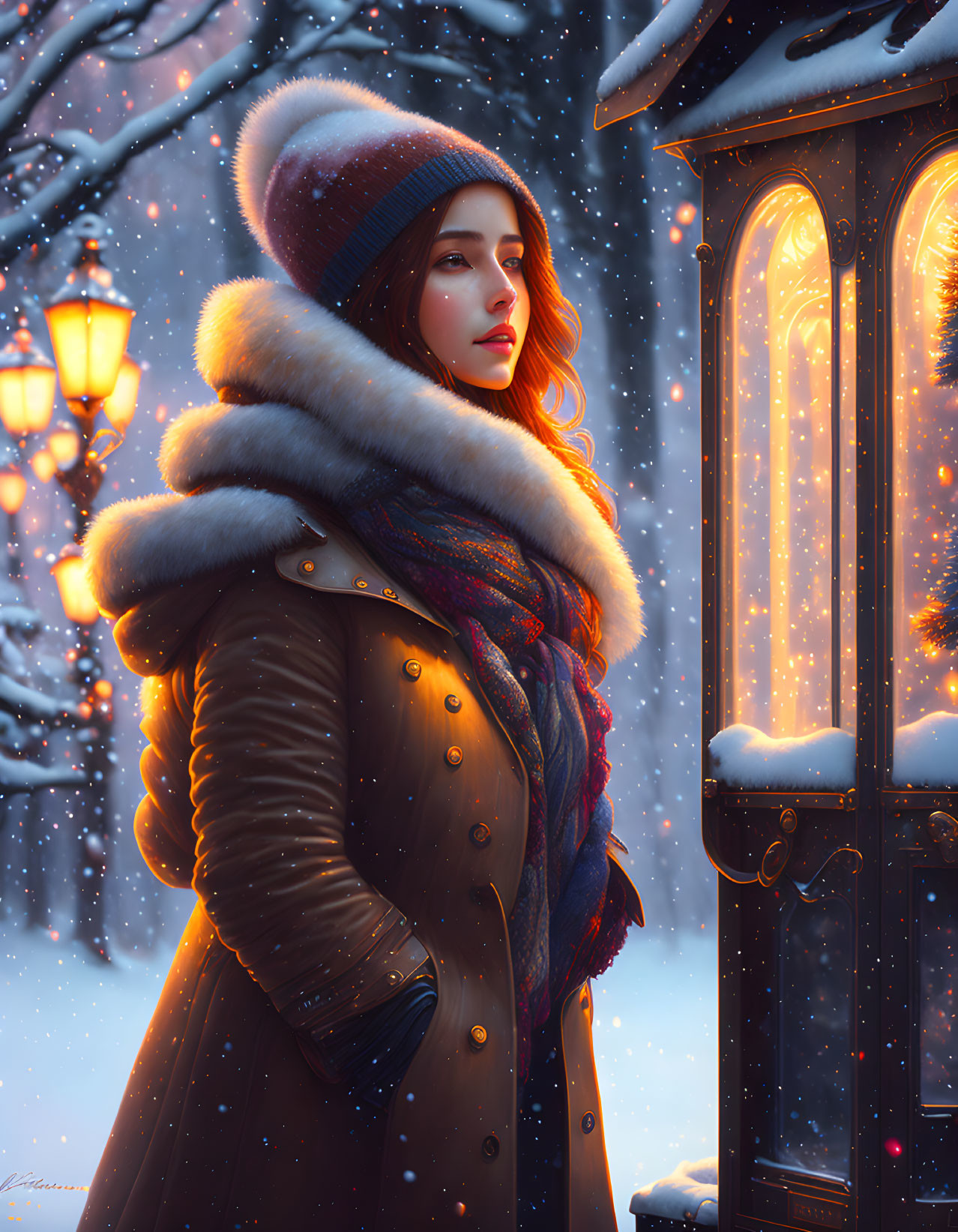 Woman in Winter Clothing Standing by Street Lamp in Snowfall