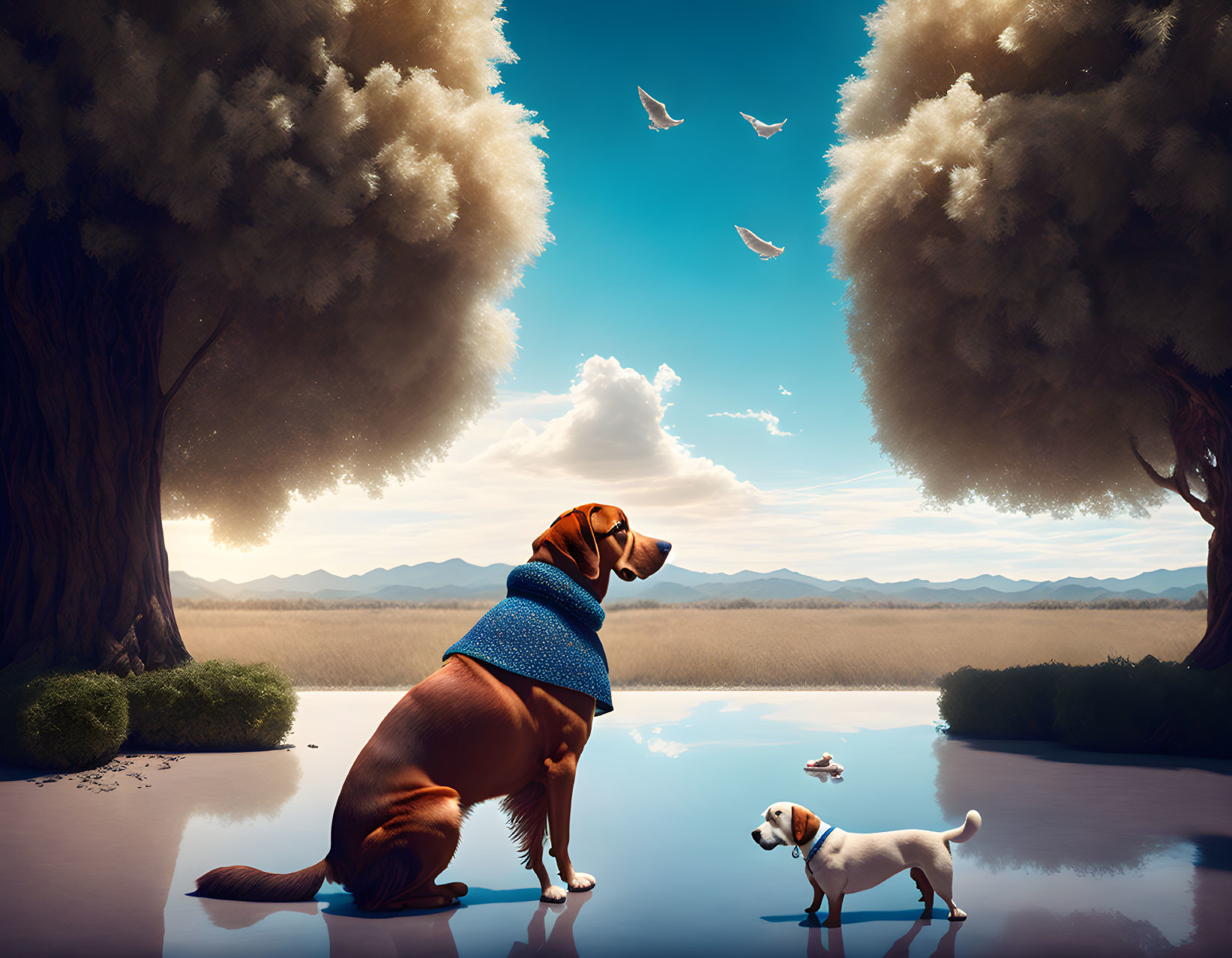 Two dogs by reflective pond under vast sky with distant mountains