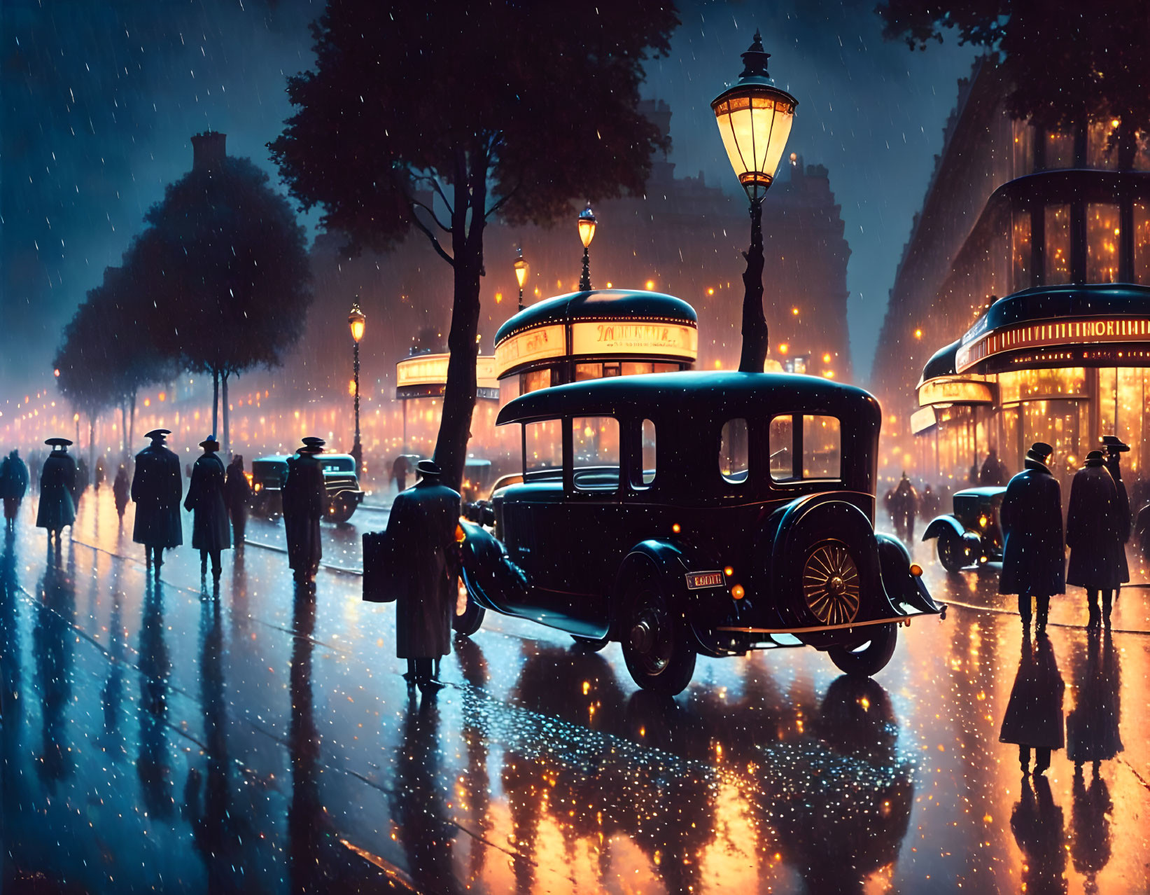 Classic Car on Rainy Twilight Street with Pedestrians and Glowing Lamps