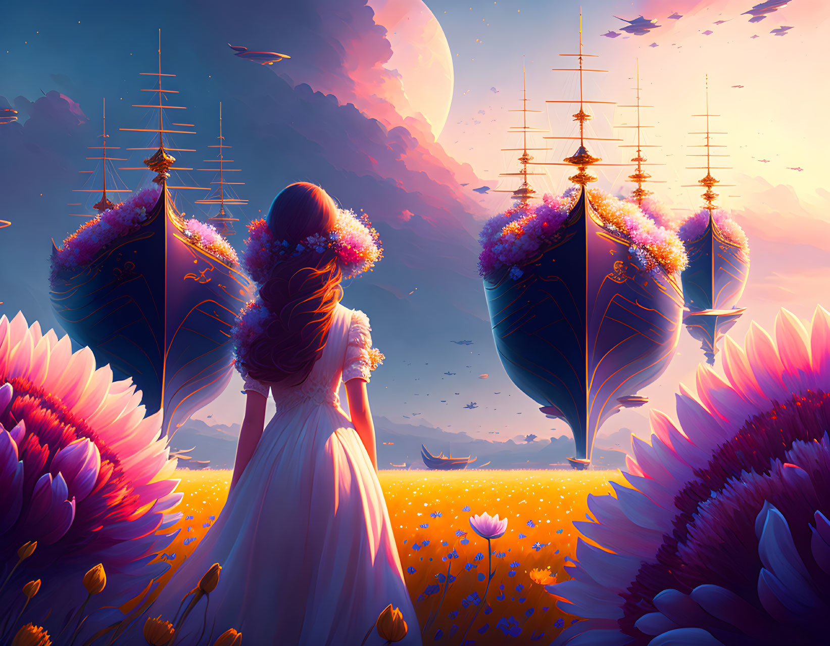 Woman in pink dress admires surreal floating ships, giant moon, and large flowers in pastel sky