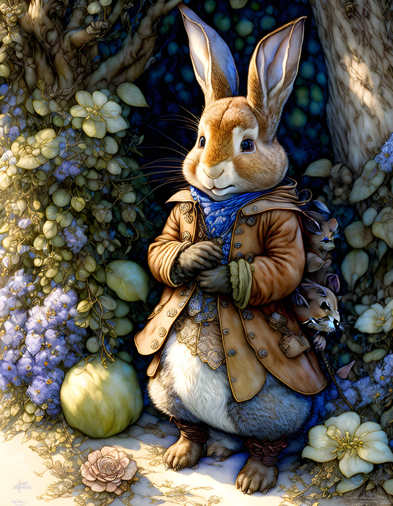 Anthropomorphic Rabbit in Detailed Jacket and Scarf Among Lush Plants