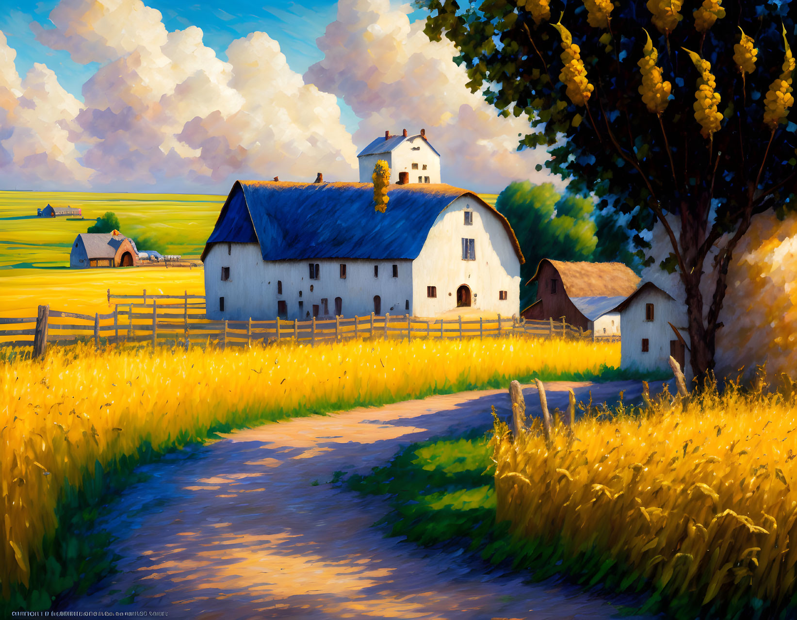 White farmhouse, barns, dirt road in rural landscape with yellow fields and cloudy sky