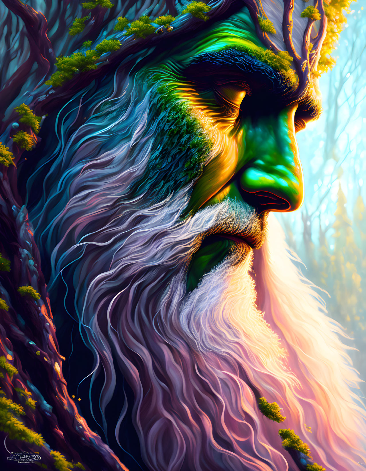 Vibrant illustration of wise face with leaf-adorned beard in forest