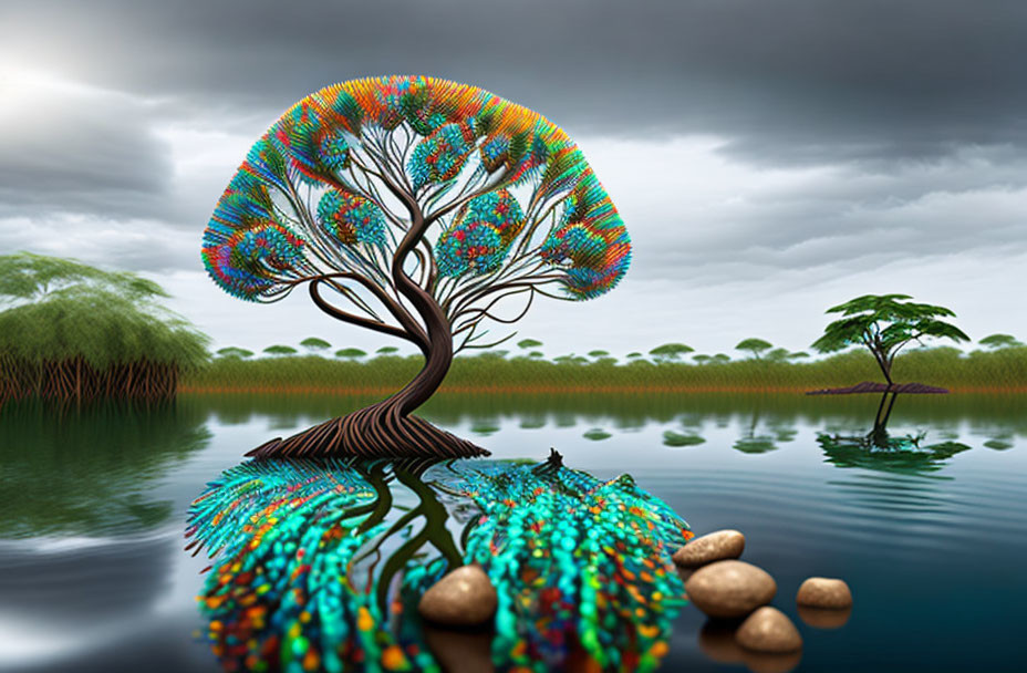 Colorful Fantastical Tree with Peacock Feather-Like Leaves Reflected in Water