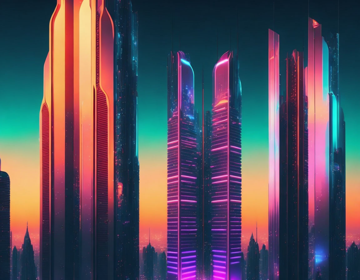 Neon-lit cyberpunk cityscape at twilight