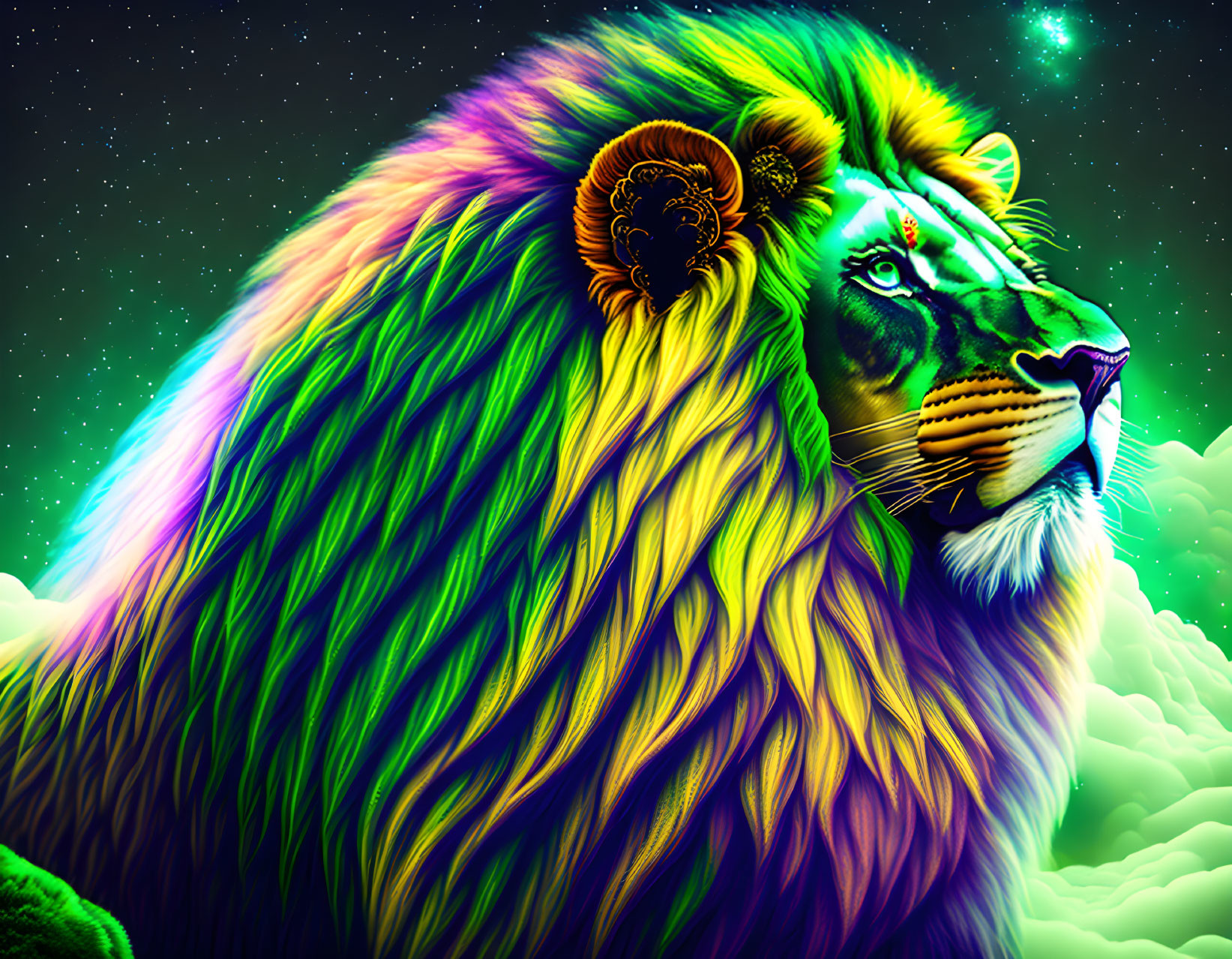 Colorful Lion Digital Artwork with Starry Sky & Iridescent Clouds