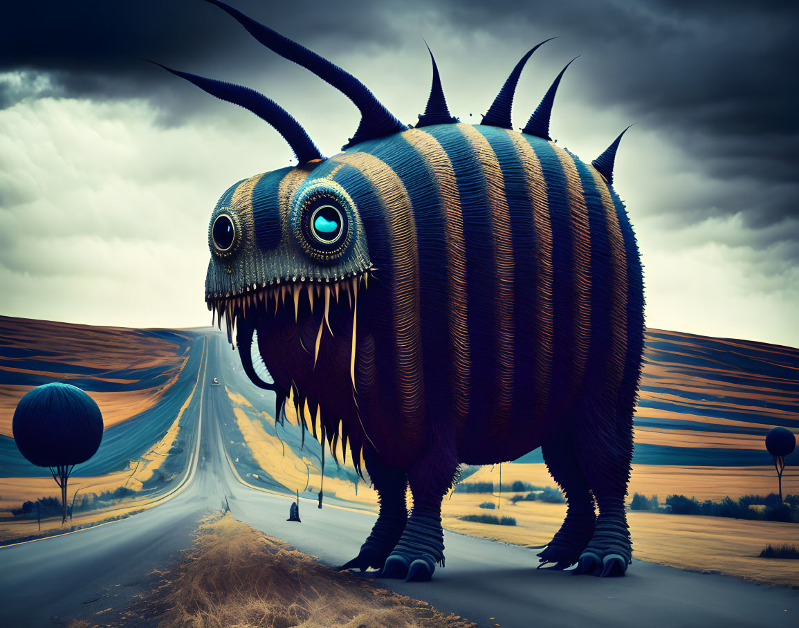 Surreal giant striped creature with horns and blue eye on deserted road amid stormy sky