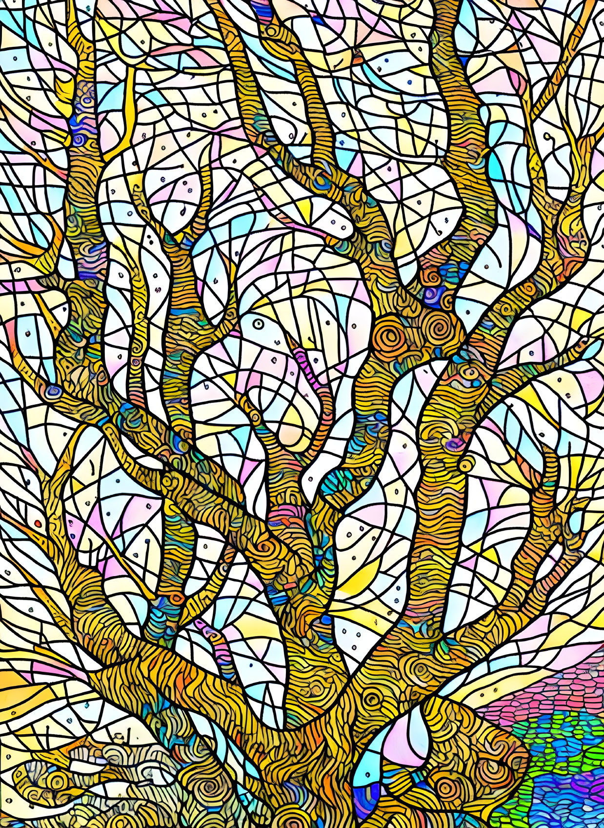 Abstract, vibrant tree with intertwining branches against colorful stained glass background