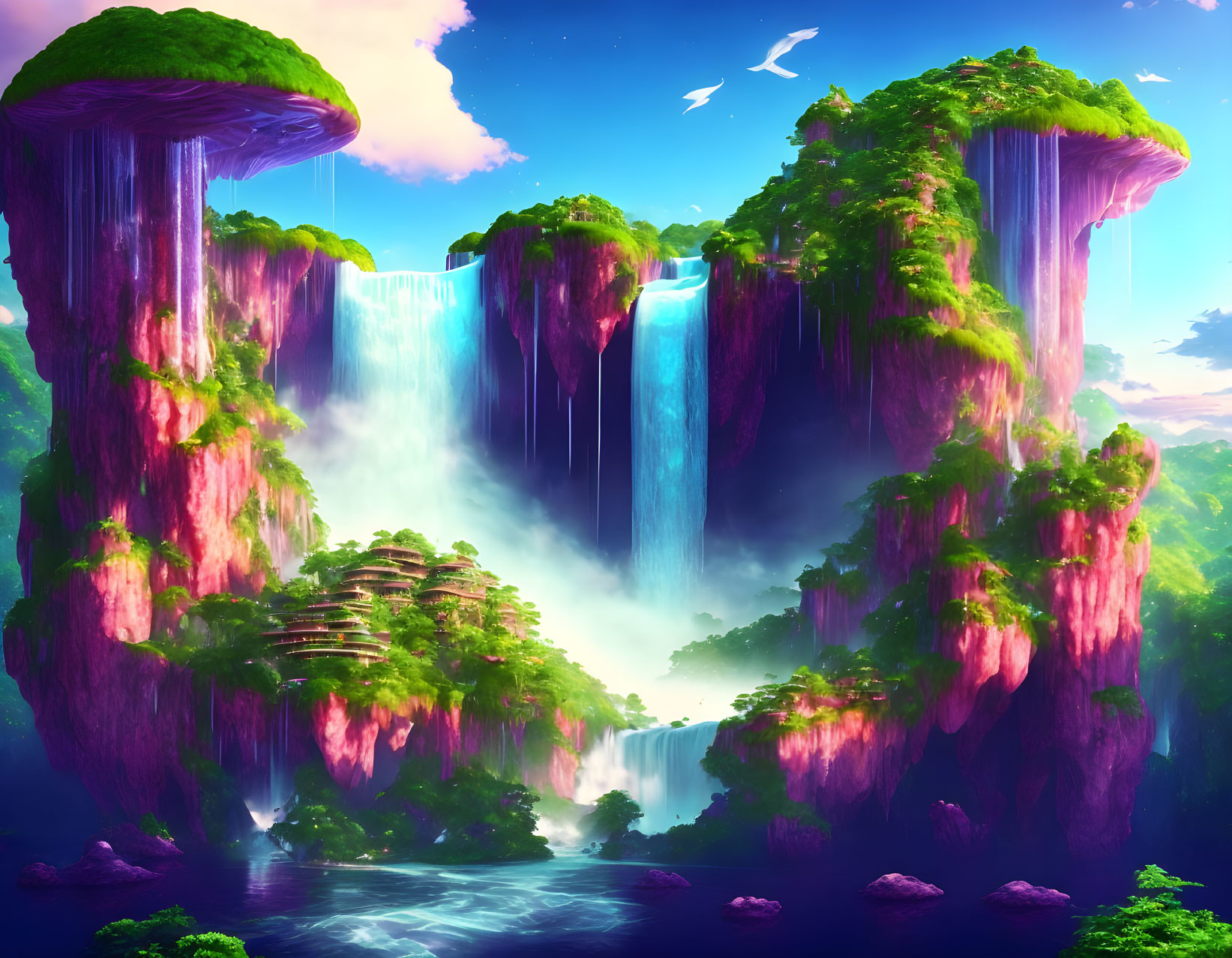 Vibrant fantasy landscape: pink cliffs, waterfalls, lush greenery, river, clear sky