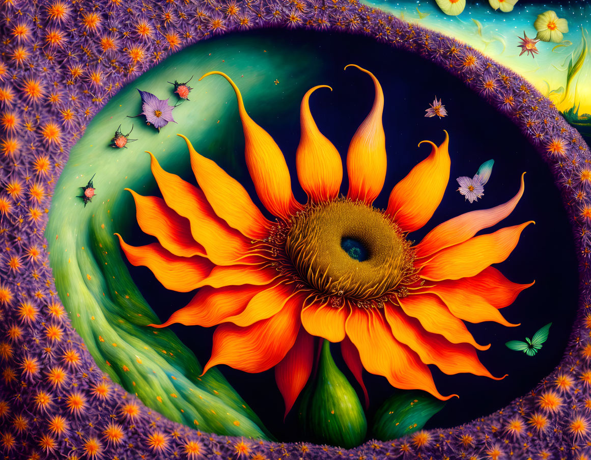 Vibrant surreal painting: Giant sunflower with cosmic backdrop