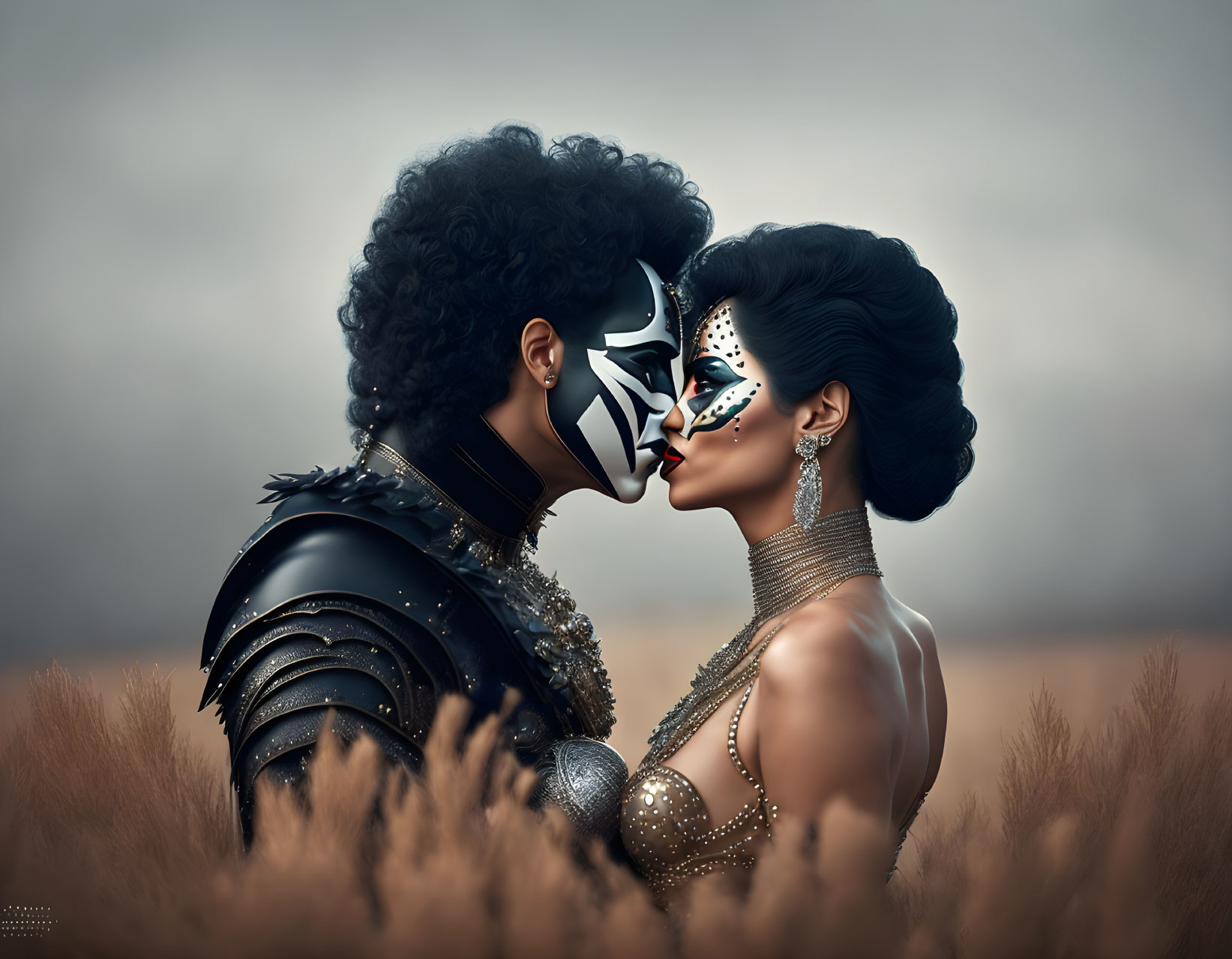 Two individuals with elaborate hairstyles and stylized makeup in a field, one wearing a star-shaped mask.