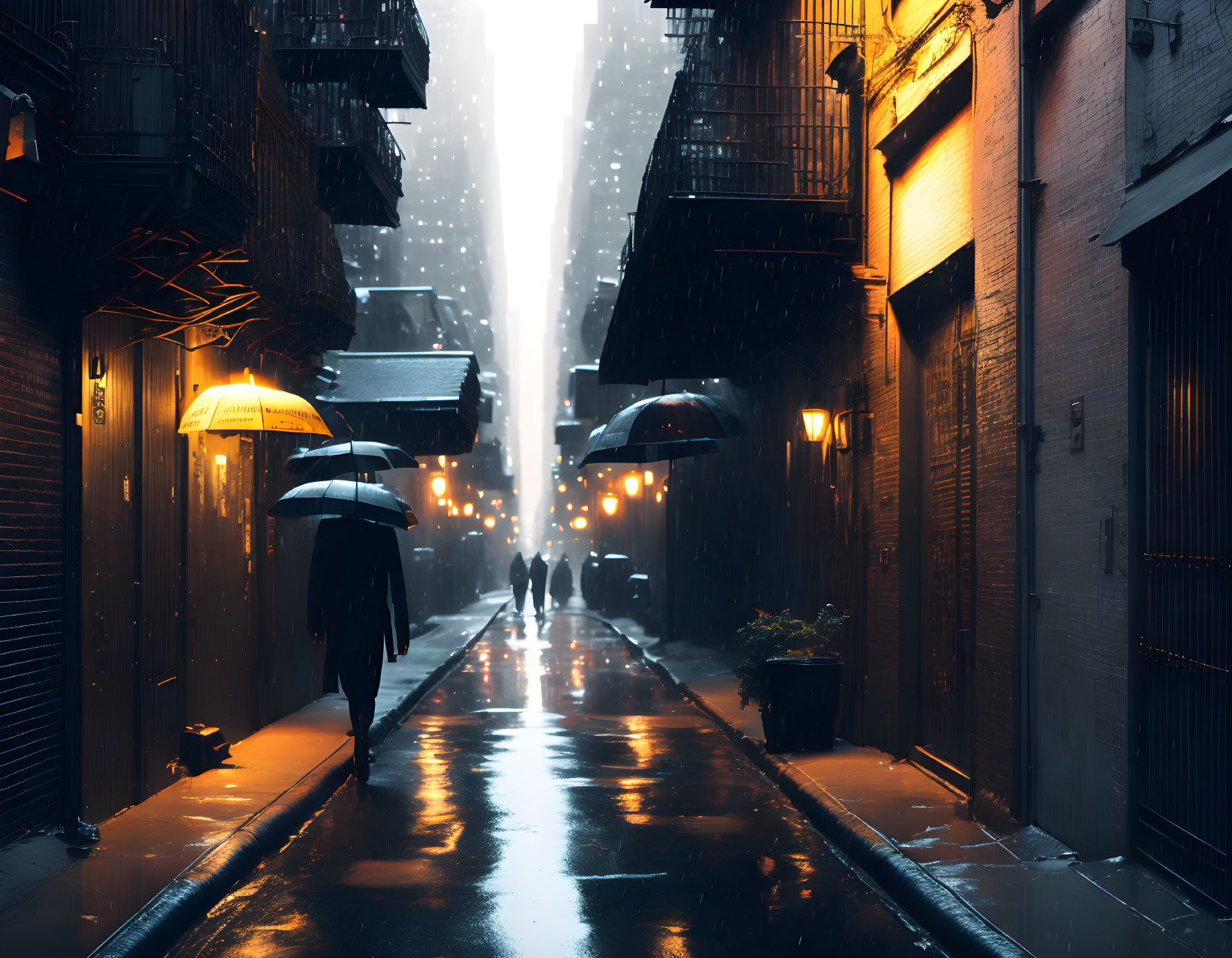 Rain-soaked urban alley with people holding umbrellas under warm streetlight and cool sky tones