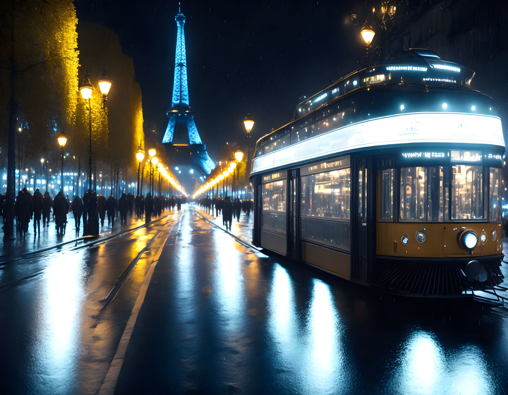 Vintage tram in rain-slicked Paris street with Eiffel Tower at night