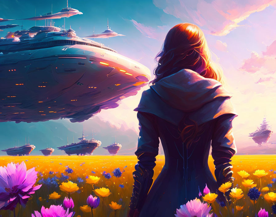 Person in field of flowers watching spaceships in sunset sky