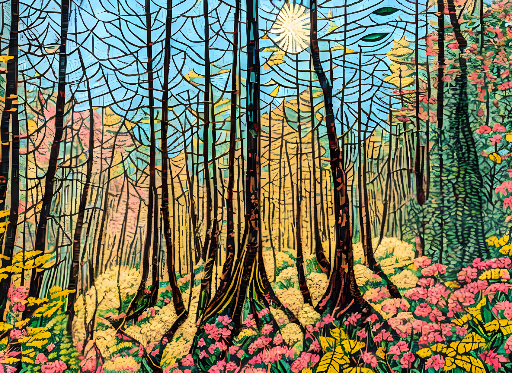 Colorful Stained Glass Art of Vibrant Forest Scene