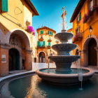 Colorful European courtyard with multi-tiered fountain & hanging flower baskets