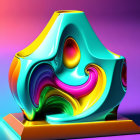 Vibrant abstract sculpture in blue, green, yellow swirls on purple-pink backdrop