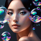 Digital art portrait of serene woman with iridescent bubbles on grey background