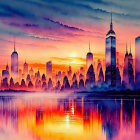 City skyline watercolor illustration: sunset reflections, warm to cool hues