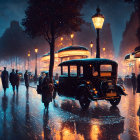 Classic Car on Rainy Twilight Street with Pedestrians and Glowing Lamps