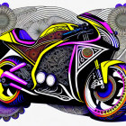 Colorful Motorcycle Illustration with Floral Motifs in Purple, Yellow, and Black