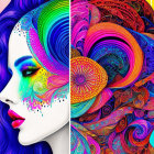 Colorful digital art featuring a woman with vibrant, patterned hair in abstract rainbow swirls