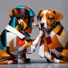 Two dogs wearing colorful outfits and hats in a playful pose on grey background.