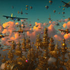 Golden steampunk structures and airships in fantastical scene