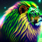 Colorful Lion Digital Artwork with Starry Sky & Iridescent Clouds