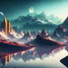 Vivid landscape with mountains, autumn trees, lake, and multiple planets in the sky