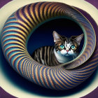 Surreal cat with blue eyes in colorful twisted structure