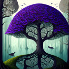 Surreal forest with purple dome tree, deer, butterflies, twilight sky