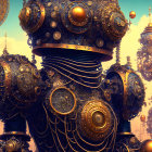 Detailed Steampunk Robot with Brass Gears and Blue Gem Adornments