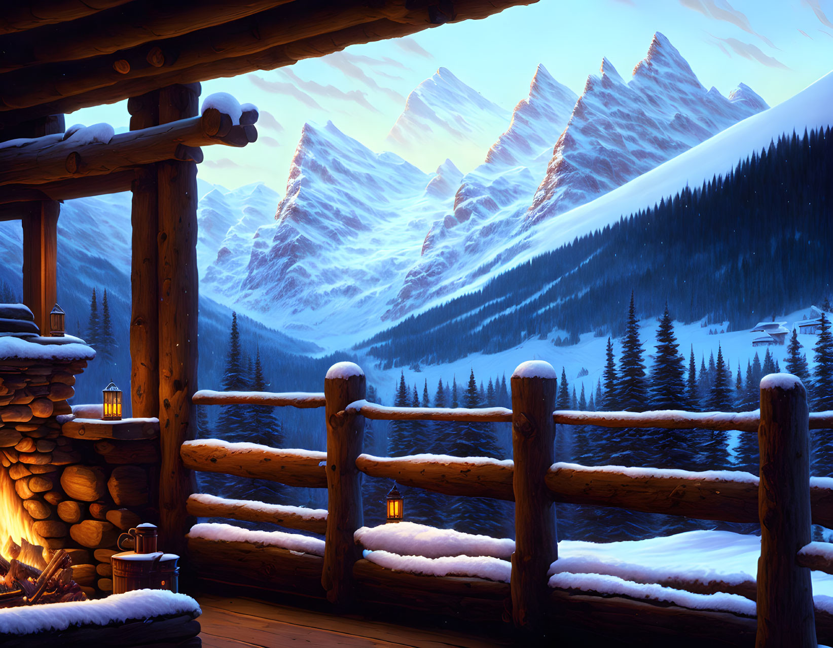 Snowy Mountain View from Wooden Cabin Porch at Dusk