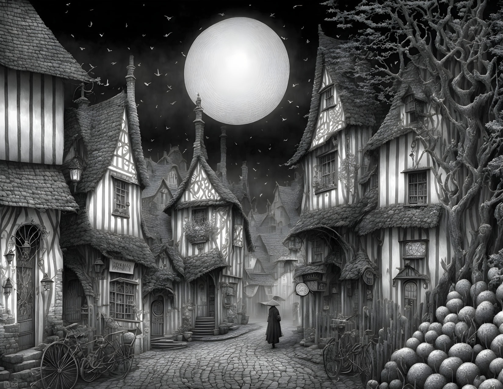 Monochrome illustration: Cloaked figure in whimsical village