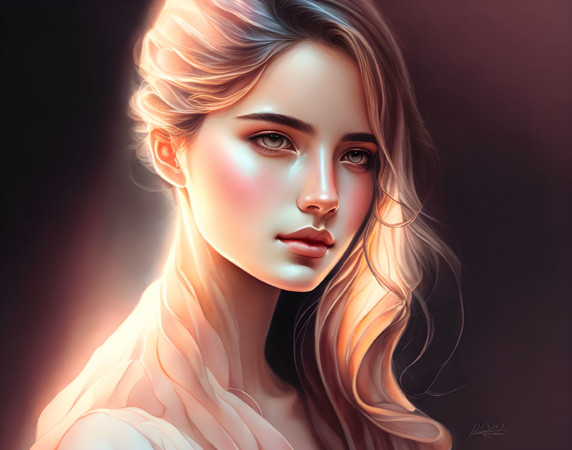 Illustrated portrait of woman with flowing hair and soft glowing light