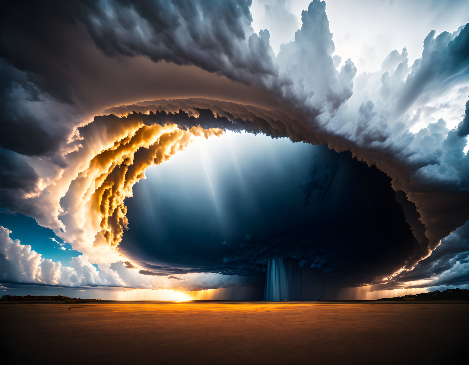 Enormous circular cloud portal with sunlight rays in dramatic stormy sky