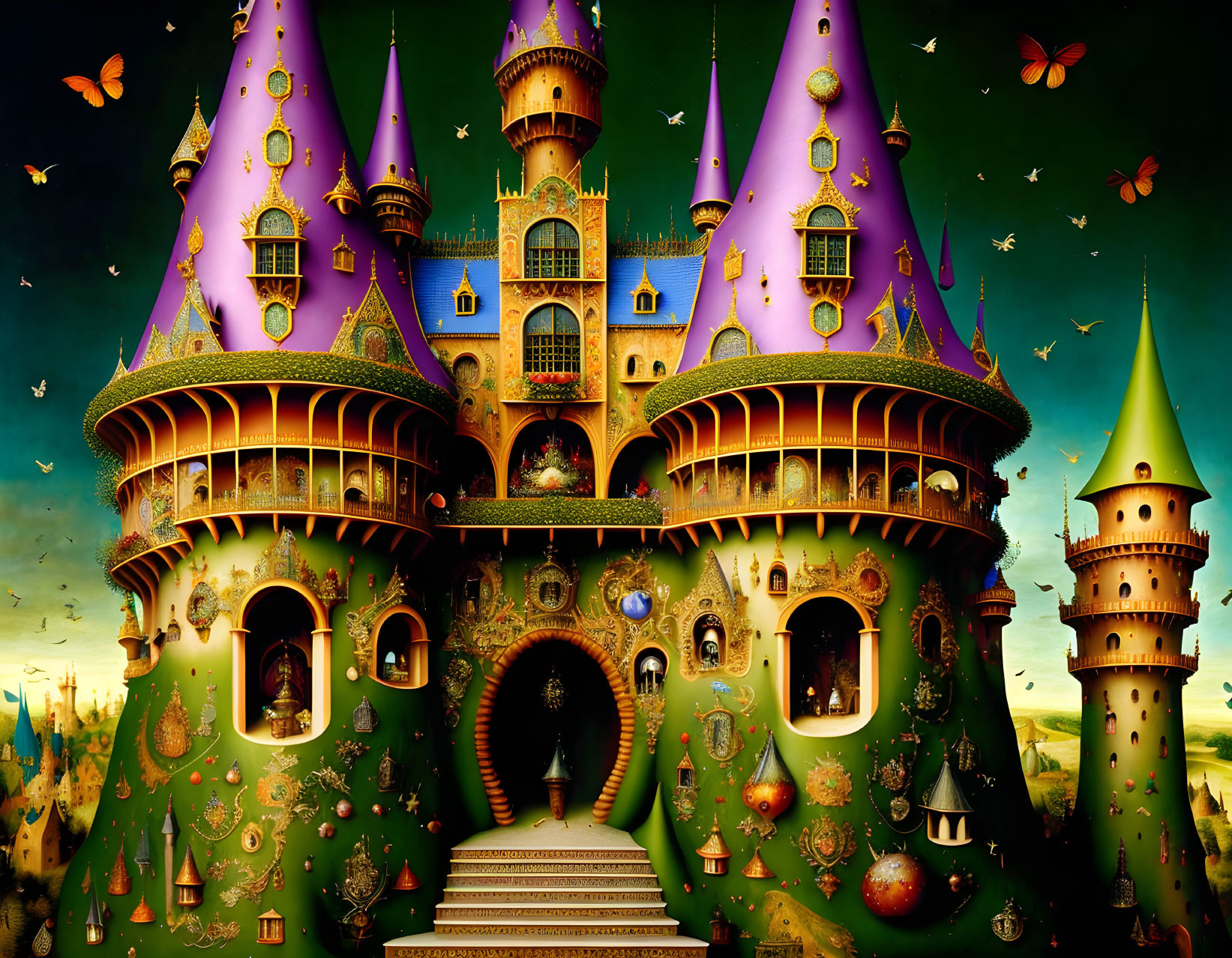 Purple spired castle with ornate decorations and fluttering butterflies