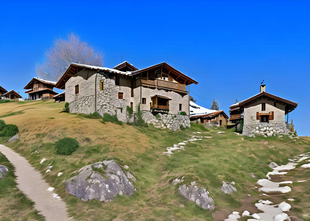 Rustic Stone and Wood Chalets on Lush Hillside