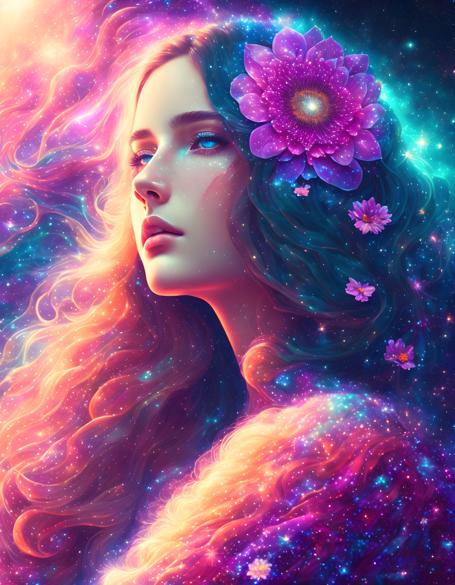 Vibrant surreal portrait of a woman with cosmic hair and floral elements