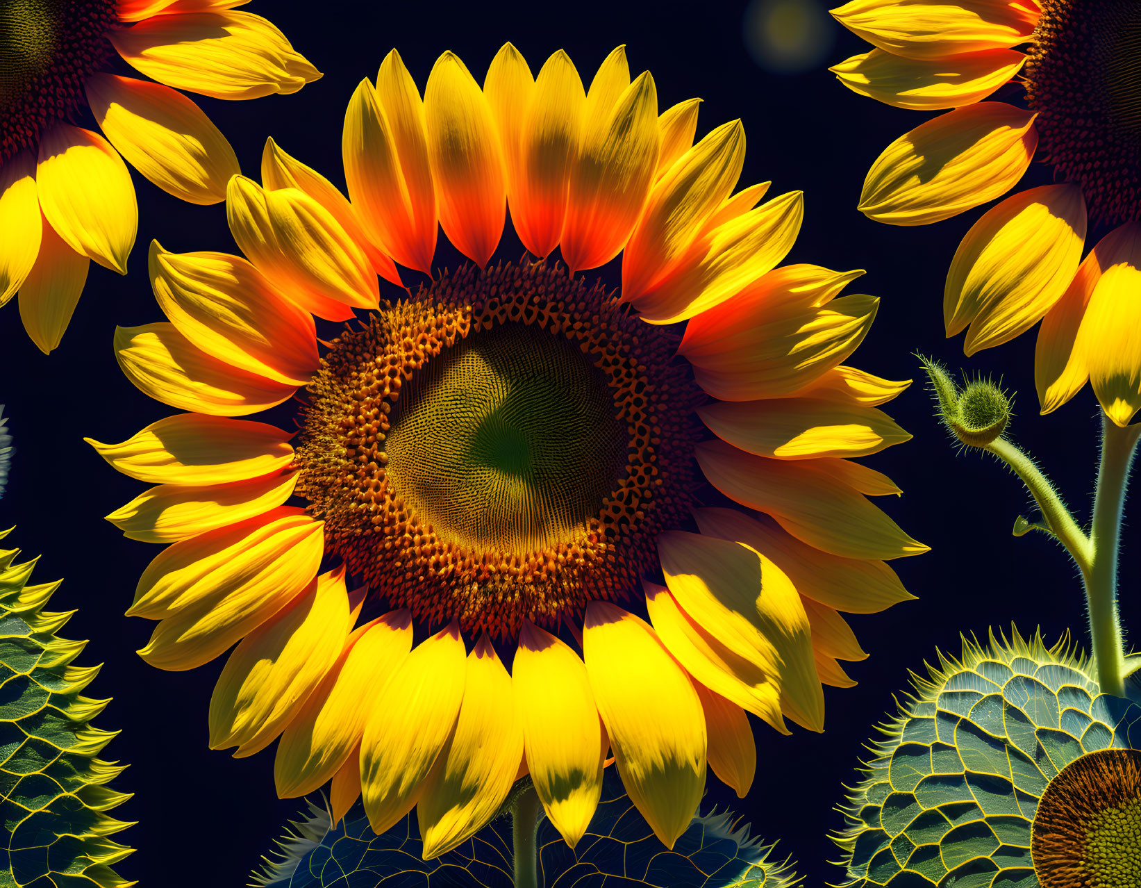 Bright Sunflowers with Yellow-Orange Petals on Dark Background