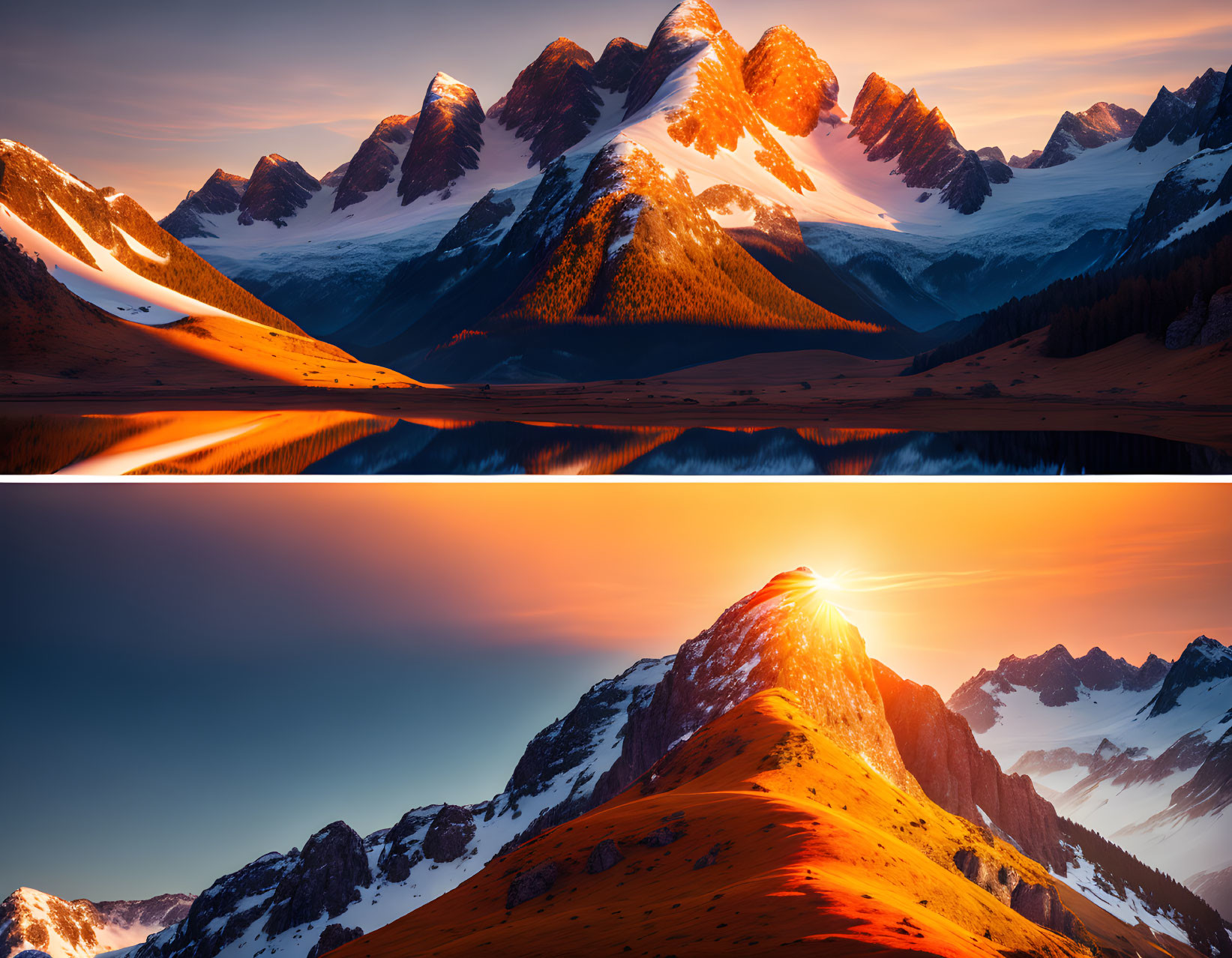 Snowy mountain peaks at sunset reflected in a lake, contrasting with sunlit ridge