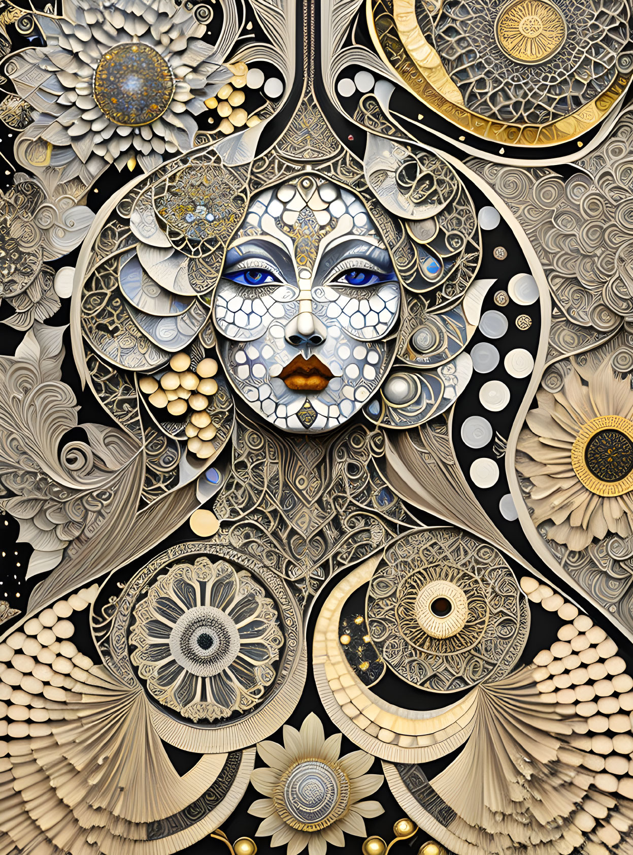 Detailed monochromatic and gold woman's face surrounded by symmetrical floral and geometric patterns