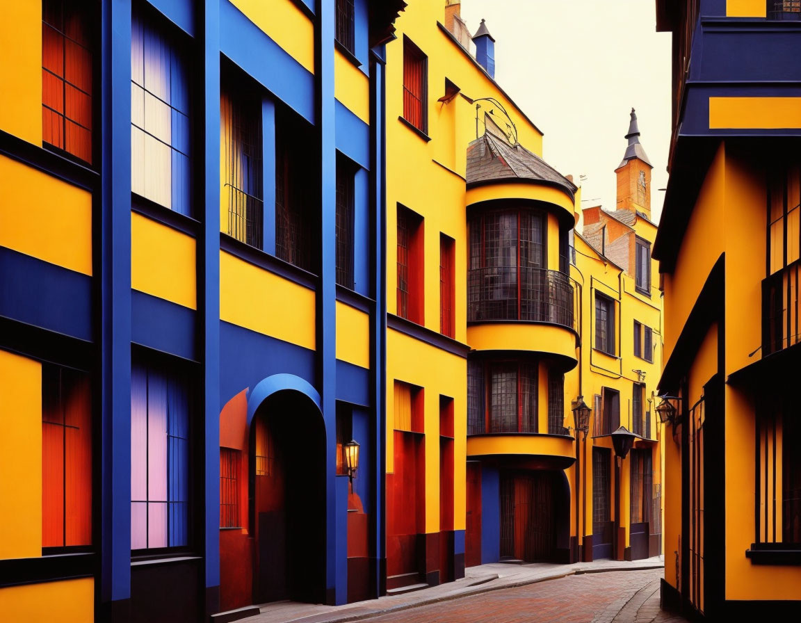 Colorful Street Scene with Cobalt Blue and Yellow Buildings