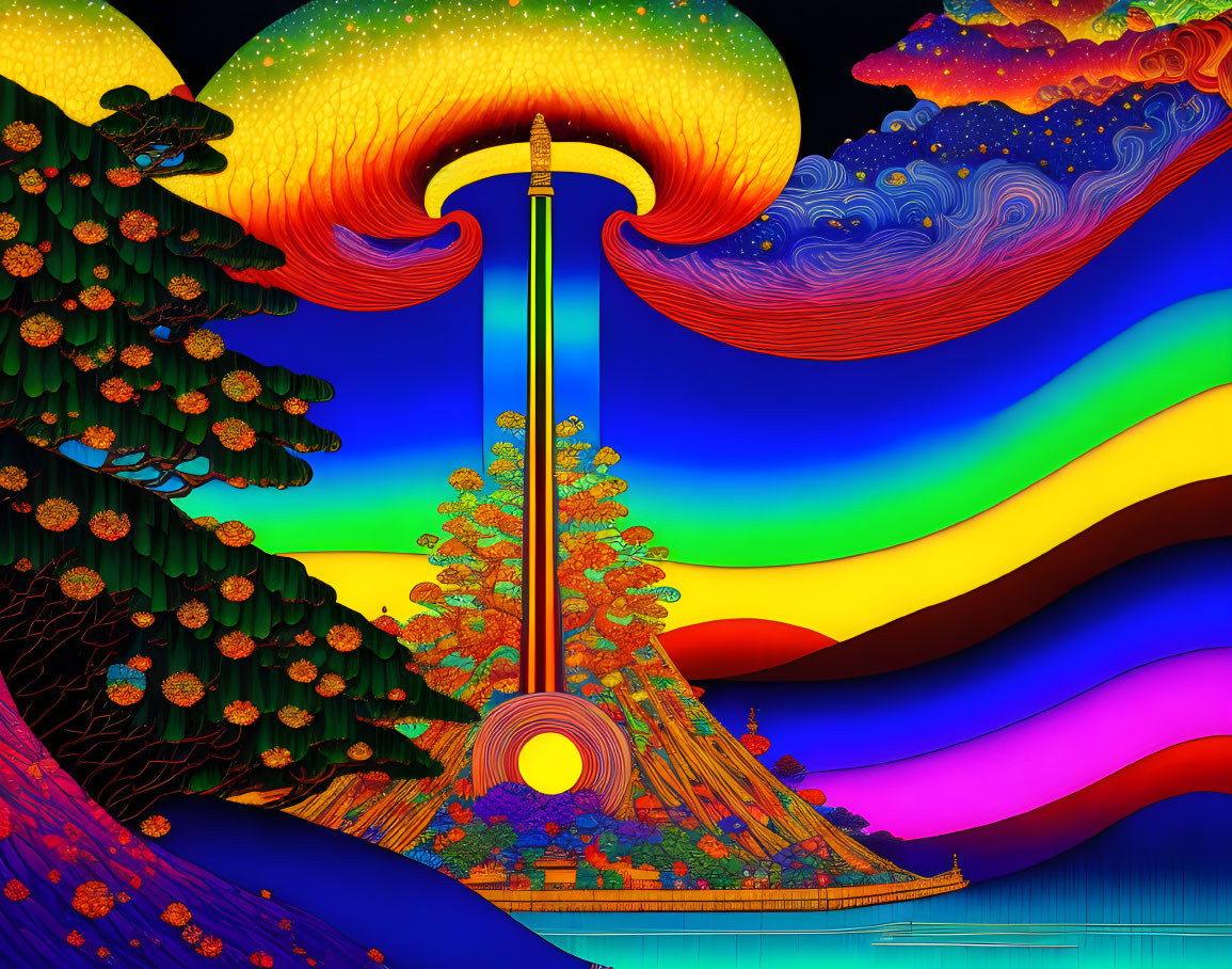 Colorful Psychedelic Landscape with Waterfall, Rainbow Hills, Tree, and Starry Sky